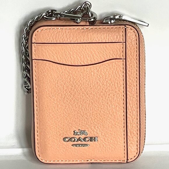 Coach Zip Card Case ID Mini Wallet 6303 Pebbled Leather Chain Strap Blush Silver - Picture 5 of 6